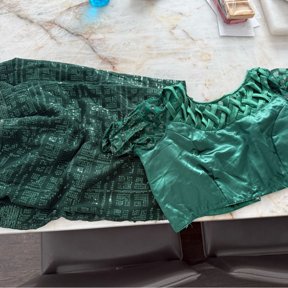 Elegant Green saree with sequins comes with Intricate cross blouse.